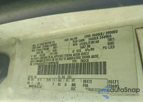 2000 Ford E-250 Commercial z USA, uszkodzony, nr VIN 1FTNE2422YHB89648